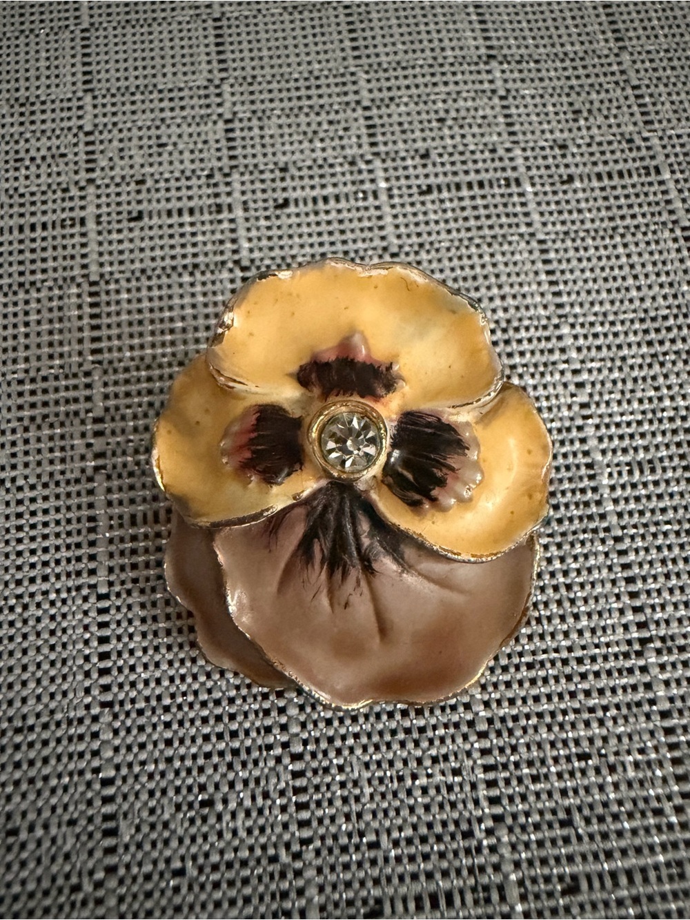 Vintage Pansy Flower Brooch - Yellow and Brown with Rhinestone Center